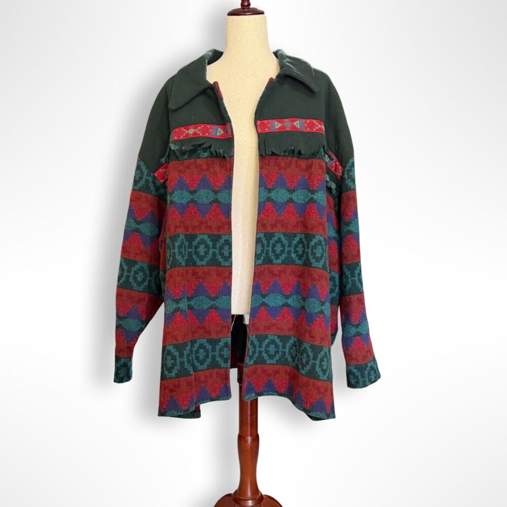 Southwest Geometric Fringe Open Wool Jacket, XL, 90s Western Aztec Blanket Coat